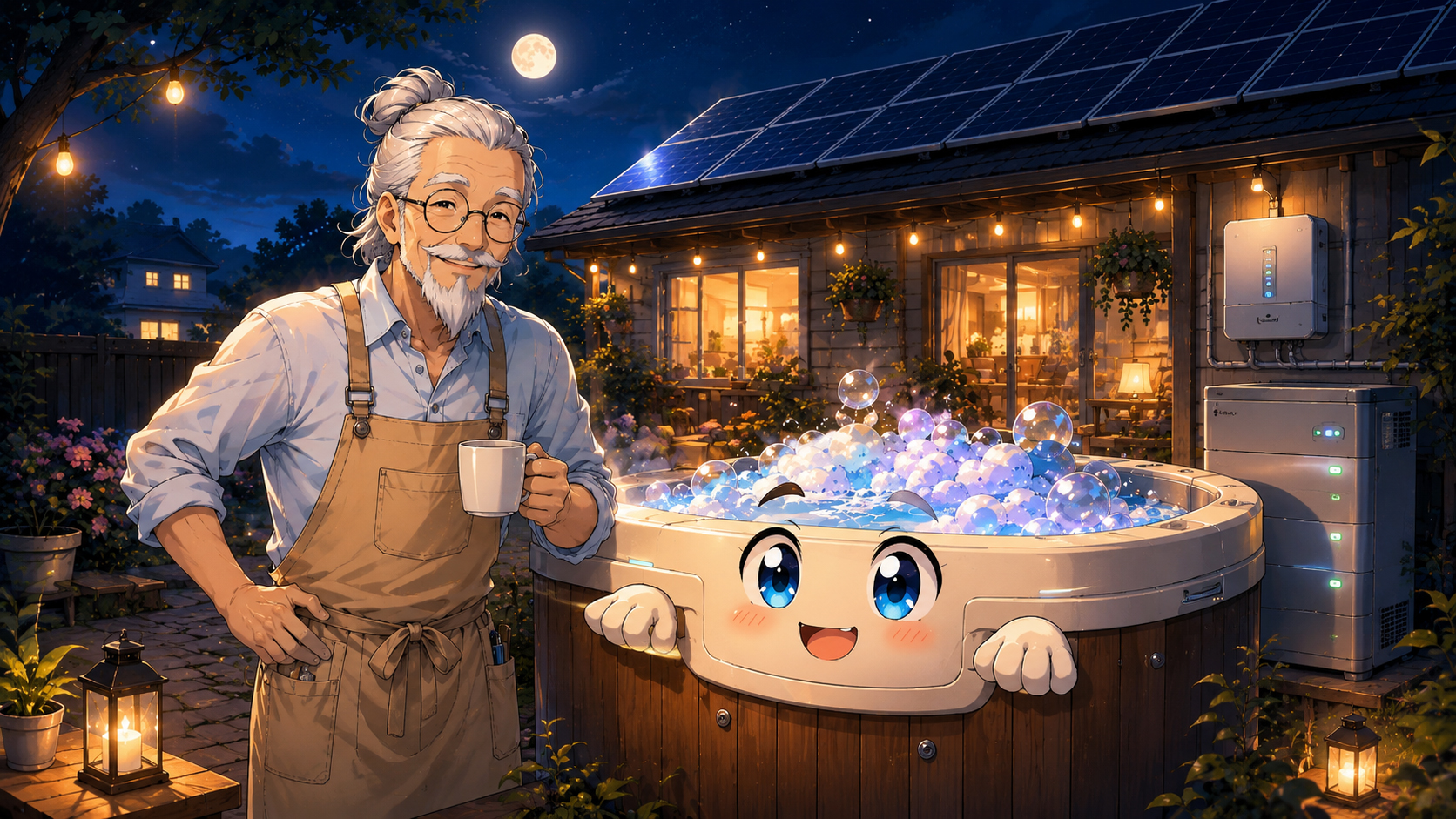 Nighttime hot tub with solar battery backup planning