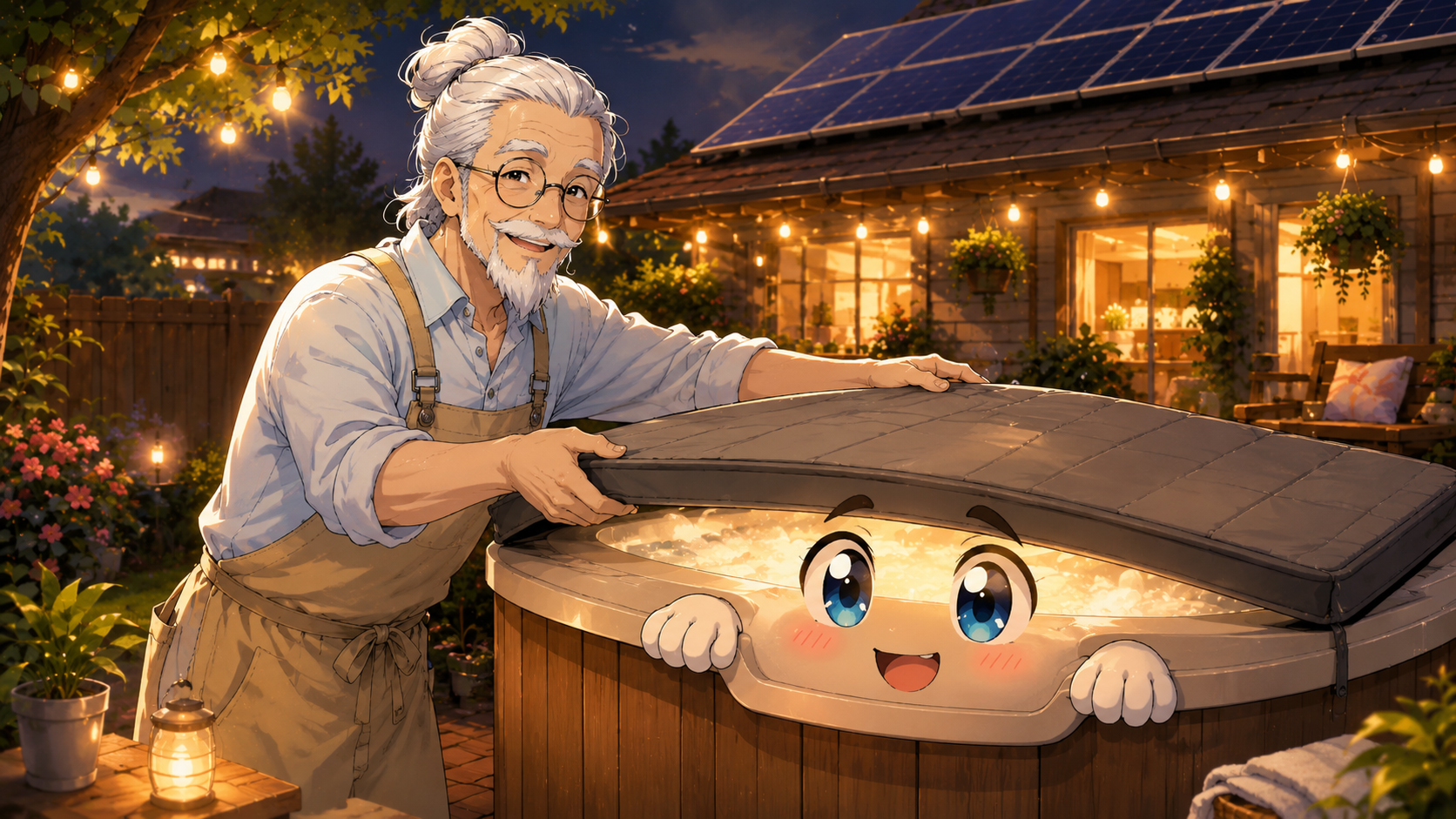 Manga insulated hot tub cover saving energy while Solar Sensei watches