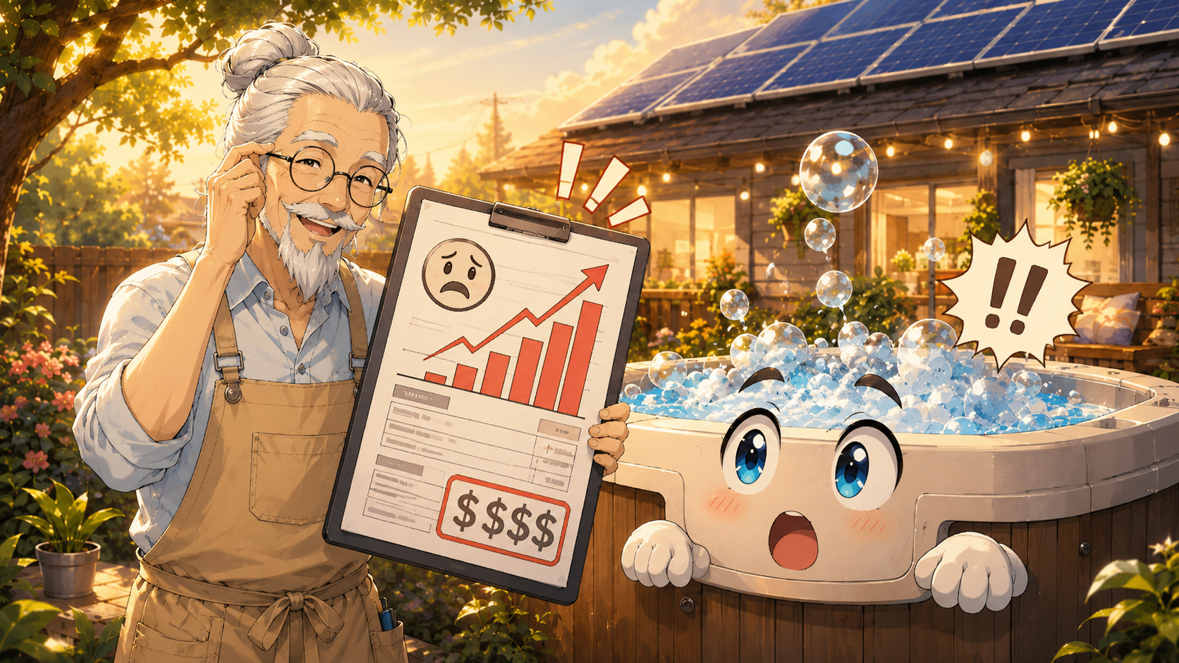 Solar Sensei reviewing a dramatic hot tub electric bill with Bubbly-chan