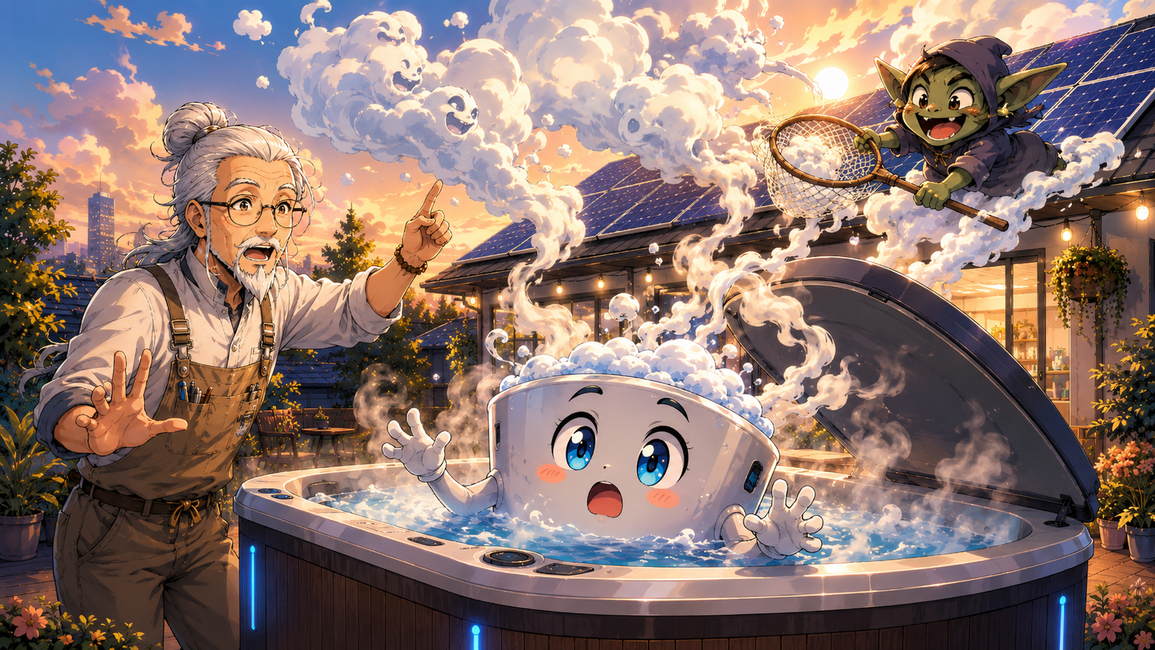 Manga steam rising from a hot tub while Solar Sensei explains heat loss