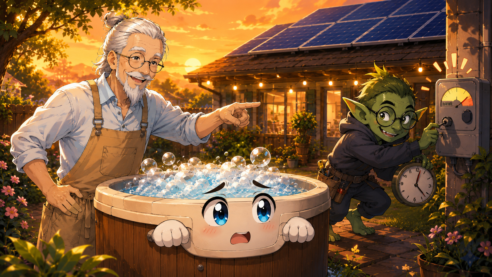 Manga utility goblin crashing hot tub night during peak utility rates