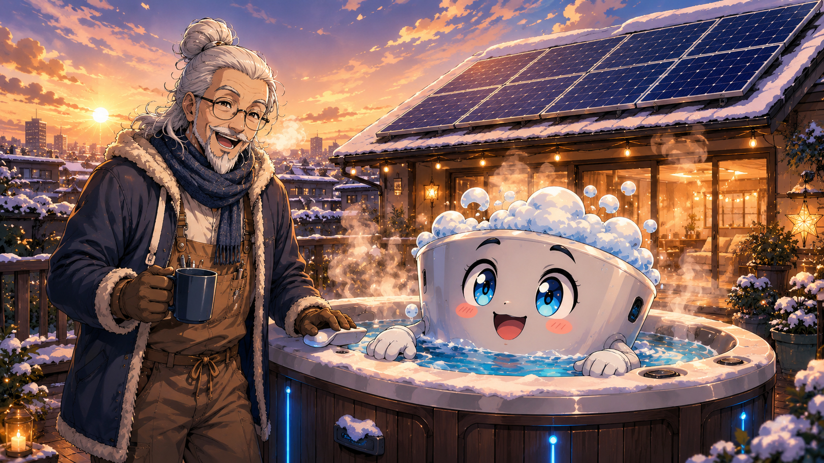 Winter hot tub with solar panels, battery system, and Solar Sensei explaining cold weather energy planning